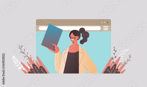 businesswoman chatting during video call business woman making presentation online seminar web meeting communication concept portrait horizontal vector illustration