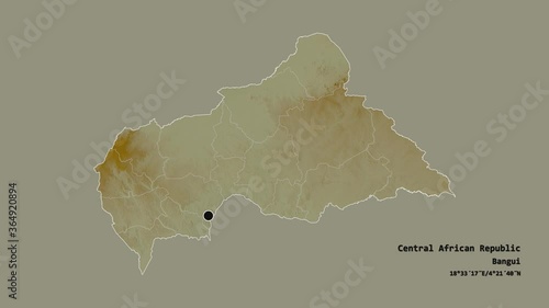 Ouham-Pendé, prefecture of Central African Republic, with its capital, localized, outlined and zoomed with informative overlays on a relief map in the Stereographic projection. Animation 3D photo