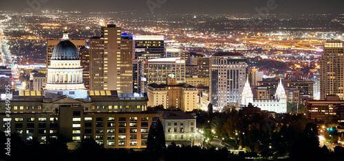 Panoramic view of Salt Lake City at night, Utah, USA.