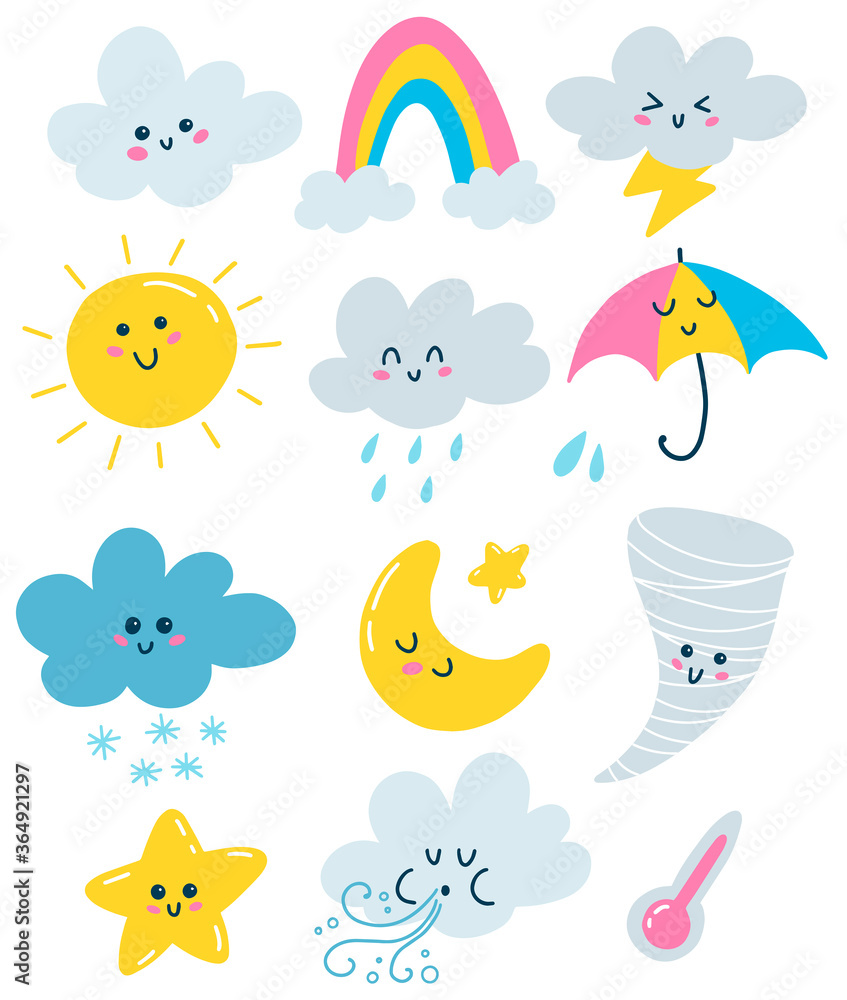 Flat weather illustrations set in primitive style isolated on white background. Clouds, sun, rainbow, rain, moon, sun, tornado, wind, snow, thermometer and stars with faces in a cartoon style.