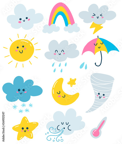 Flat vector weather illustrations set in primitive style isolated on white background. Clouds  sun  rainbow  rain  moon  sun  tornado  wind  snow  thermometer and stars with faces in a cartoon style.
