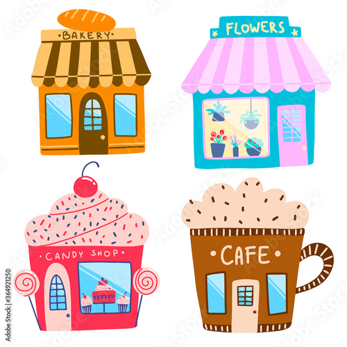 Flat vector illustration set of houses in a primitive style isolated on white background. Cafe, bakery, candy shop and flower shop in a children's cartoon style.