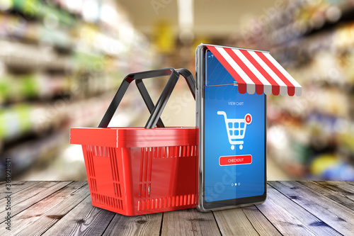 Mobile phone with an online store application on the screen stylized on the store facade and shopping basket on supermarket interior background as symbols of online internet shopping - 3d illustration