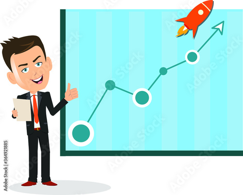 Man giving wonderful speech with a paper note in hand thumbs up rocket success graph progress satisfactory awesome write your text on the chart