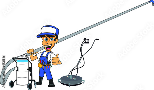 man giving thumbs up standing with gutter cleaning accessory kit jet washing vacuum equipment cap maintenance uniform cleaning service many tools on his belt