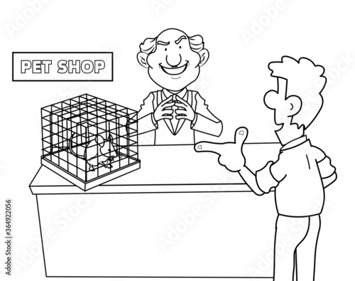 Man in a pet shop buying mouse from the shopkeeper salesman