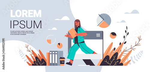 attractive businesswoman with folder coming out laptop screen digital detox concept full length copy space horizontal vector illustration