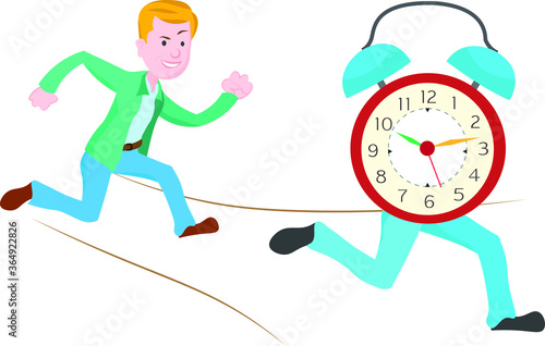 Man running behind a very fast running clock trying to catch time