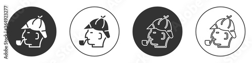 Black Sherlock Holmes with smoking pipe icon isolated on white background. Detective. Circle button. Vector.