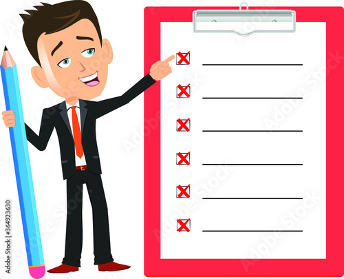 man speaking about what not to do showing things list task list pointing with a big pencil on a clipboard