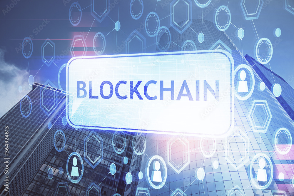 Double exposure of crypto currency theme hologram drawing and city veiw background. Concept of blockchain and bitcoin. Double exposure of crypto currency theme hologram drawing and city veiw background. Concept of blockchain and bitcoin.