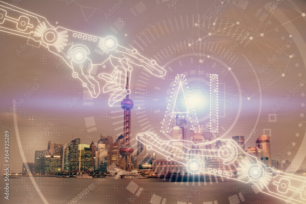 Obraz premium Data theme hologram drawing on city view with skyscrapers background double exposure. Ai concept.