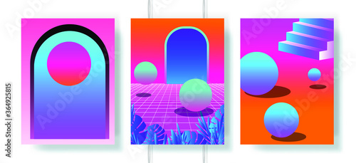 Retrowave and synthwave style posters for music event. Set of vector cover templates with surreal geometric composition in neon vibrant colors.
