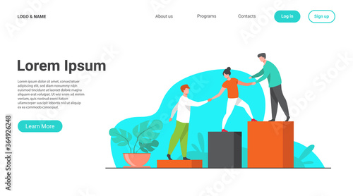 Employees giving hands and helping colleagues to walk upstairs. Team giving support, growing together. Vector illustration for teamwork, mentorship, cooperation concept