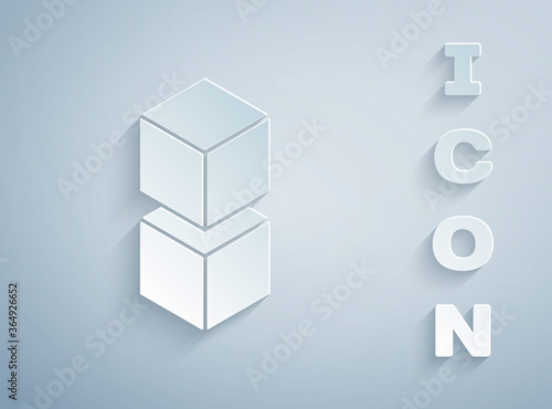 Paper cut Blockchain technology icon isolated on grey background. Cryptocurrency data. Abstract geometric block chain network technology business. Paper art style. Vector.