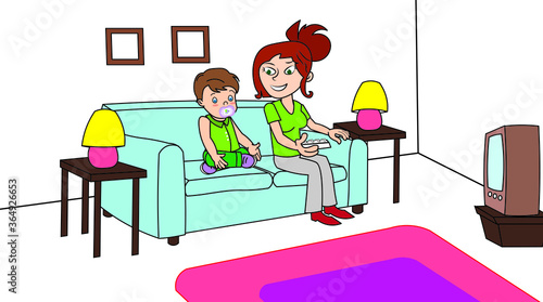 Mom son boy kid child watching tv television sitting on sofa pacifier in mouth remote control in hand