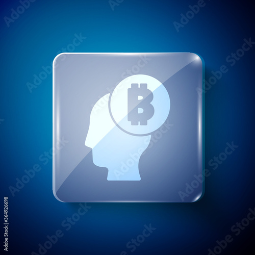 White Bitcoin think icon isolated on blue background. Cryptocurrency head. Blockchain technology, digital money market, cryptocoin wallet. Square glass panels. Vector.