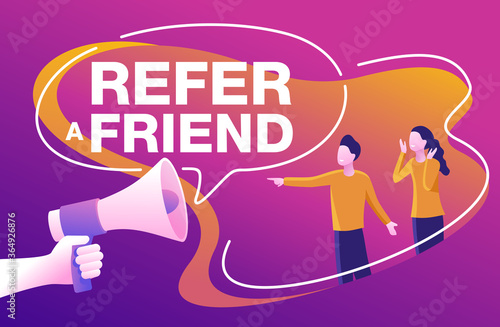 Refer a friend referral program promo banner - loudspeaker in hand, decorative frame bubble for slogan and two interested people - vector purple poster