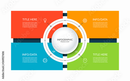 Infographic template with a circle and 4 rectangular elements. Diagram or chart with four options. Can be used for business presentation, brochure, web design, data visualization.