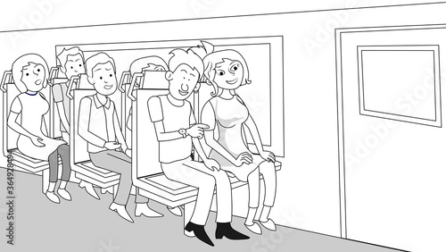 People sitting in train commuter modern rail car man woman passenger travelling boy person man casual watching looking at his wrist watch