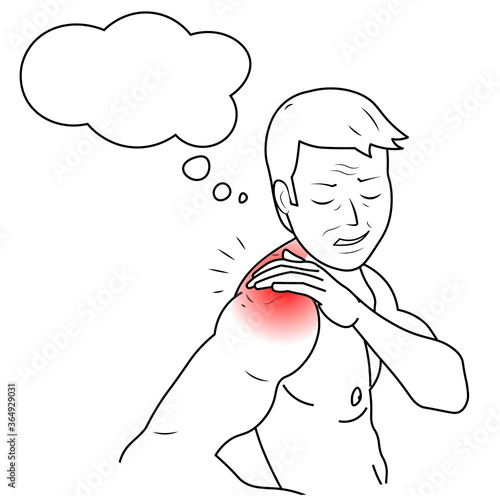 Person got sick feeling pain on shoulder injury injured weight lifter work load repetitive strain injury RSI cumulative trauma disorder health care problems thought bubble