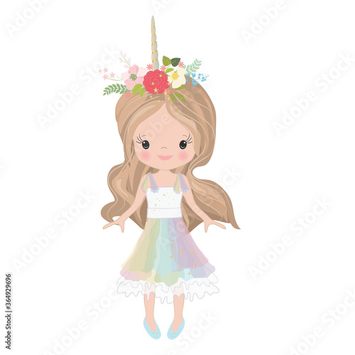 Vector Illustration Beautiful Cute Little Girl. Elegant adorable girl with long hair in a multi-colored dress.
