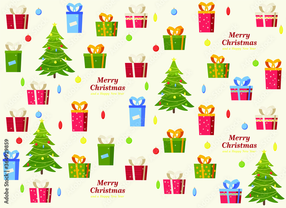Decorated Christmas tree with gift boxes, star, lights, decoration of balls and lamps. Merry christmas and happy new year. Vector illustration