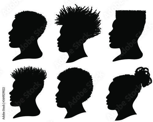 Silhouette African American men. Vector profile portrait set of Hairstyle heads isolated on white