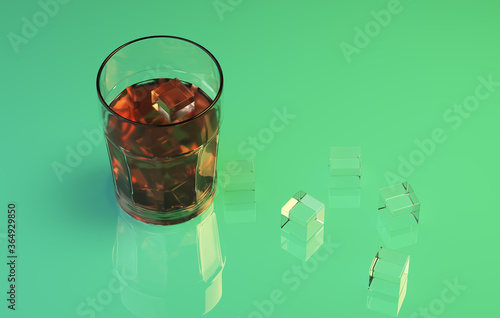 glass of cold drink with ice on a mirror table 3d rendering