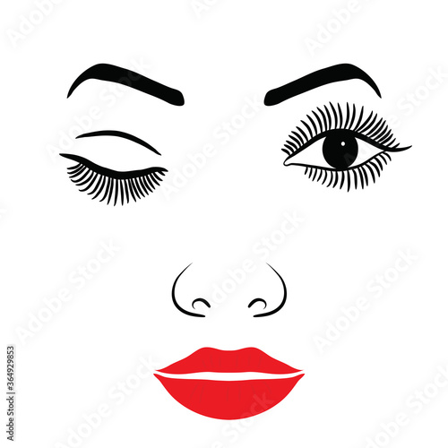 Female Face With Make-up Eyelashes  Eyes And Lips On A White Background. Vector Illustration