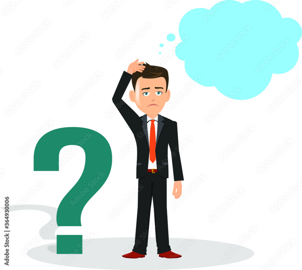 Person thinking hand on head with a question mark in front and thought bubble above his head Person thinking hand on head with a question mark in front and thought bubble above his head