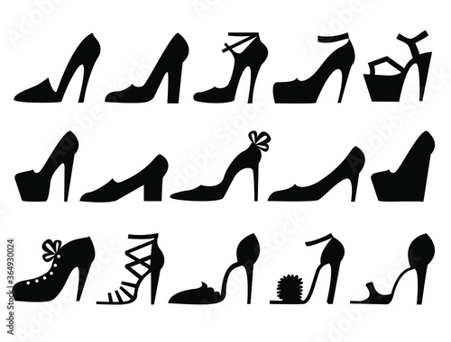 High heels shoes. Set women shoes black silhouette flat style isolated on white 