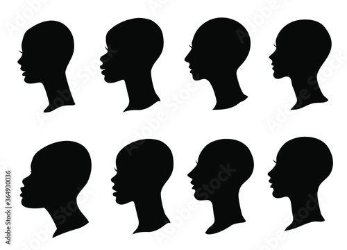 Woman profile black silhouette with bald head. Set of vector female faces isolated on white