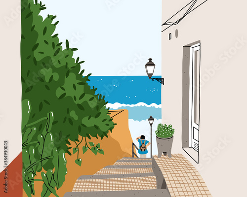 Typical South European street near the ocean, woman looking at the sea, summer vector illustration