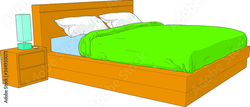 Perspective angle 45 degree standing view side view angle view Double bed side table lamp mobile phone smartphone white pillow green blanket wood