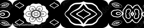 Vector black and white mexican tile style seamless border. Modern geometric banner with rounded rectangles and naive floral folk decorations. Hand drawn decorative design for wellness, ribbon, edging