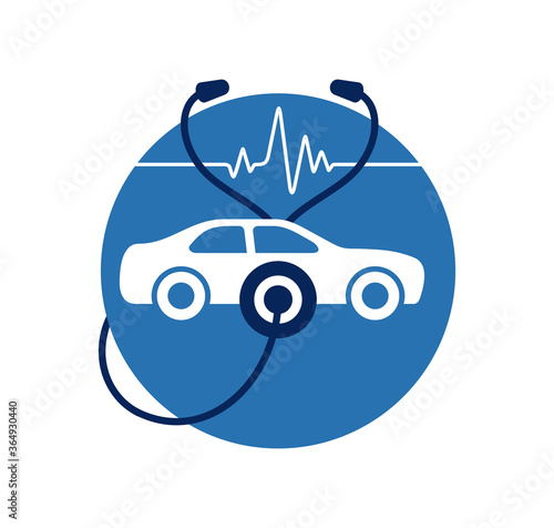 Car diagnostics or automobile repair icon with medicine metaphor - heart cardiogram and stethoscope