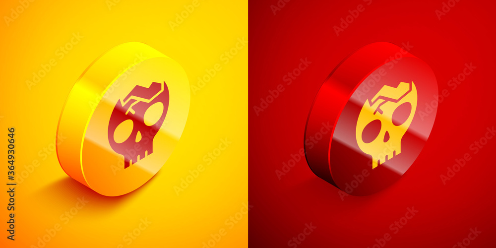 Isometric Broken human skull icon isolated on orange and red background. Circle button. Vector. Isometric Broken human skull icon isolated on orange and red background. Circle button. Vector.