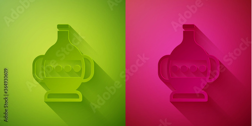 Paper cut Ancient amphorae icon isolated on green and pink background. Paper art style. Vector.