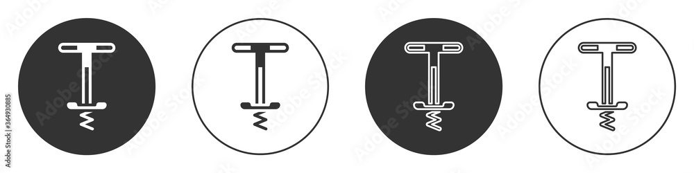 Black Pogo stick jumping toy icon isolated on white background. Circle button. Vector. Black Pogo stick jumping toy icon isolated on white background. Circle button. Vector.