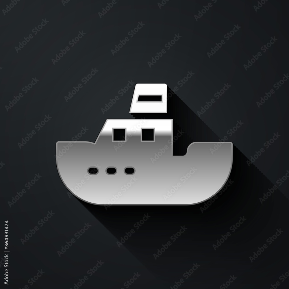 Silver Toy boat icon isolated on black background. Long shadow style. Vector. Silver Toy boat icon isolated on black background. Long shadow style. Vector.