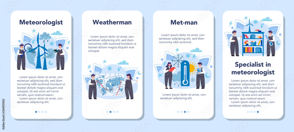 Meteorologist mobile application banner set. Weather forecaster