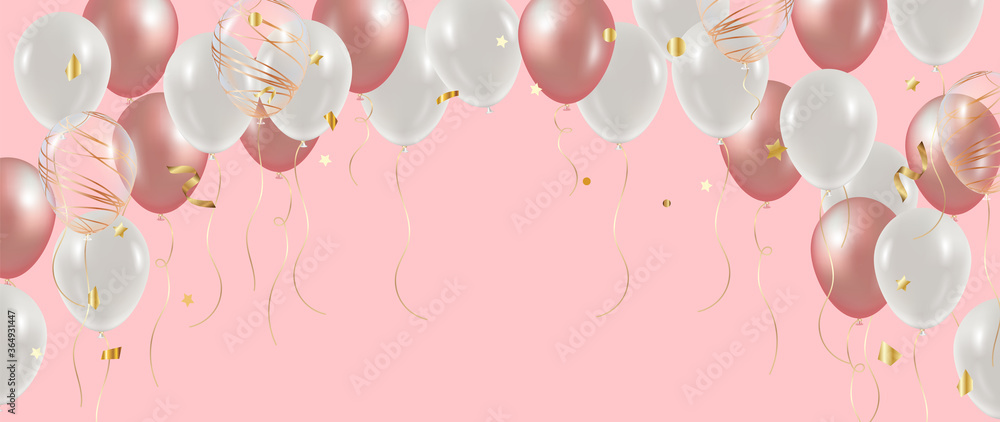 Luxury Gold and pink foil balloons with confetti in white background ...