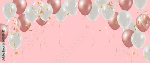 Luxury Gold and pink foil balloons with confetti in white background vector.  3d realistic vector illustration for anniversary, birthday, sale and promotion,  party design element.