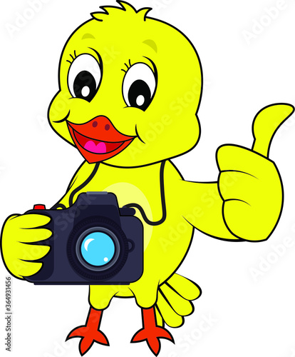 Professional bird photographer mascot character holding a camera on her neck showing thumbs up