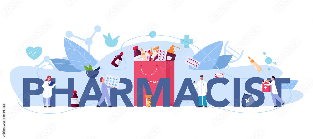 Pharmacist typographic header concept. Medication and health Pharmacist typographic header concept. Medication and health