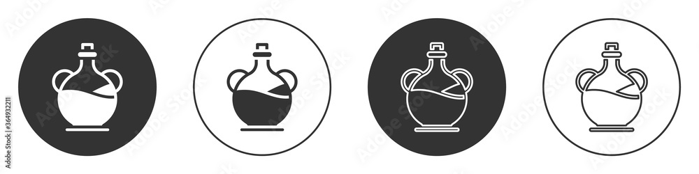 Black Bottle of olive oil icon isolated on white background. Jug with olive oil icon. Circle button. Vector. Black Bottle of olive oil icon isolated on white background. Jug with olive oil icon. Circle button. Vector.