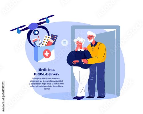 Drone Delivery.Retired Couple Old Woman Receive Contactless Delivery First Aid Kit,Remotely Piloted Flying Aircraft.Medicament,Drugs,Remedy.Aged Pensioners. Buy,Receive Parcel.Flat Vector Illustration