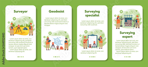 Geodesy science mobile application banner set. Land surveying