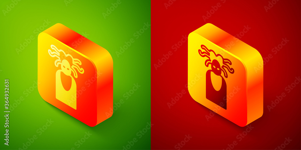 Isometric Medusa Gorgon head with snakes greek icon isolated on green and red background. Square button. Vector. Isometric Medusa Gorgon head with snakes greek icon isolated on green and red background. Square button. Vector.